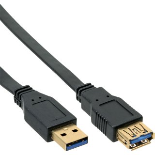 InLine® USB 3.0 Flachkabel Verlängerung, USB A Stecker / Buchse, schwarz, 2m