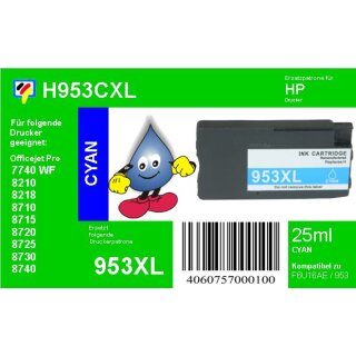 HP953CXL Cyan TiDis Recyclingpatrone mit ca.1600 Seiten Druckleistung - ersetzt F6U16AE