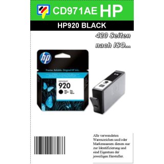 HP920BK - Original CD971AE - schwarz- Druckpatrone mit 24ml Inhalt und ca. 420 Seiten Druckleistung nach Iso