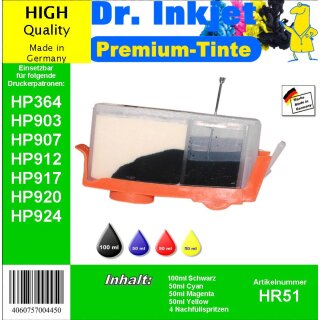 HR51 - Dr. Inkjet Komplett 250ml Set Premium Nachfülltinte - Alles drin Packung - (BK/C/M/Y)