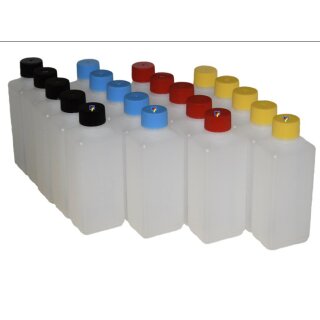 20x 250ml PE Flaschen mit 25er Gewinde und je 5 Deckeln in schwarz, blau, rot und gelb