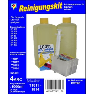 IRP865 -T18 - Dr.Inkjet Druckkopfreinigungspatronen Clean-Multipack mit 1000ml Dr. Inkjet Druckkopfreiniger - einsetzbar für T18 & T18XL (T1811, 1812, T1813, T1814)