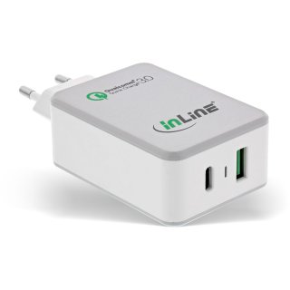InLine® Quick Charge 3.0 USB Netzteil, Ladegerät, USB-A + USB Typ-C, 30W, weiß