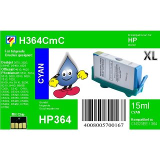 HP364C - TiDis Ersatzpatrone - cyan - mit 15ml Inhalt ersetzt CB323EE/HP364CXL